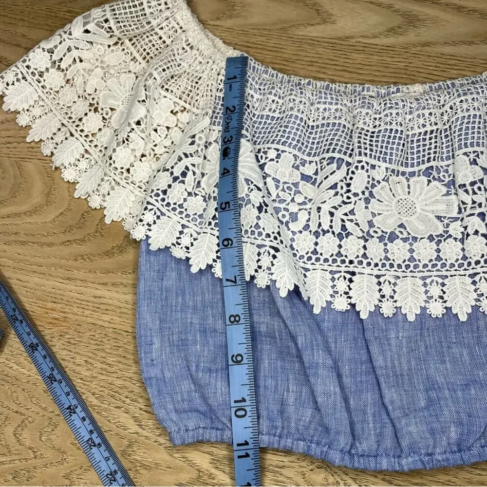 Miguelina Dakota Chambray Lace Crochet Off The Shoulder Crop Top Blue Size Small - Picture 7 of 8